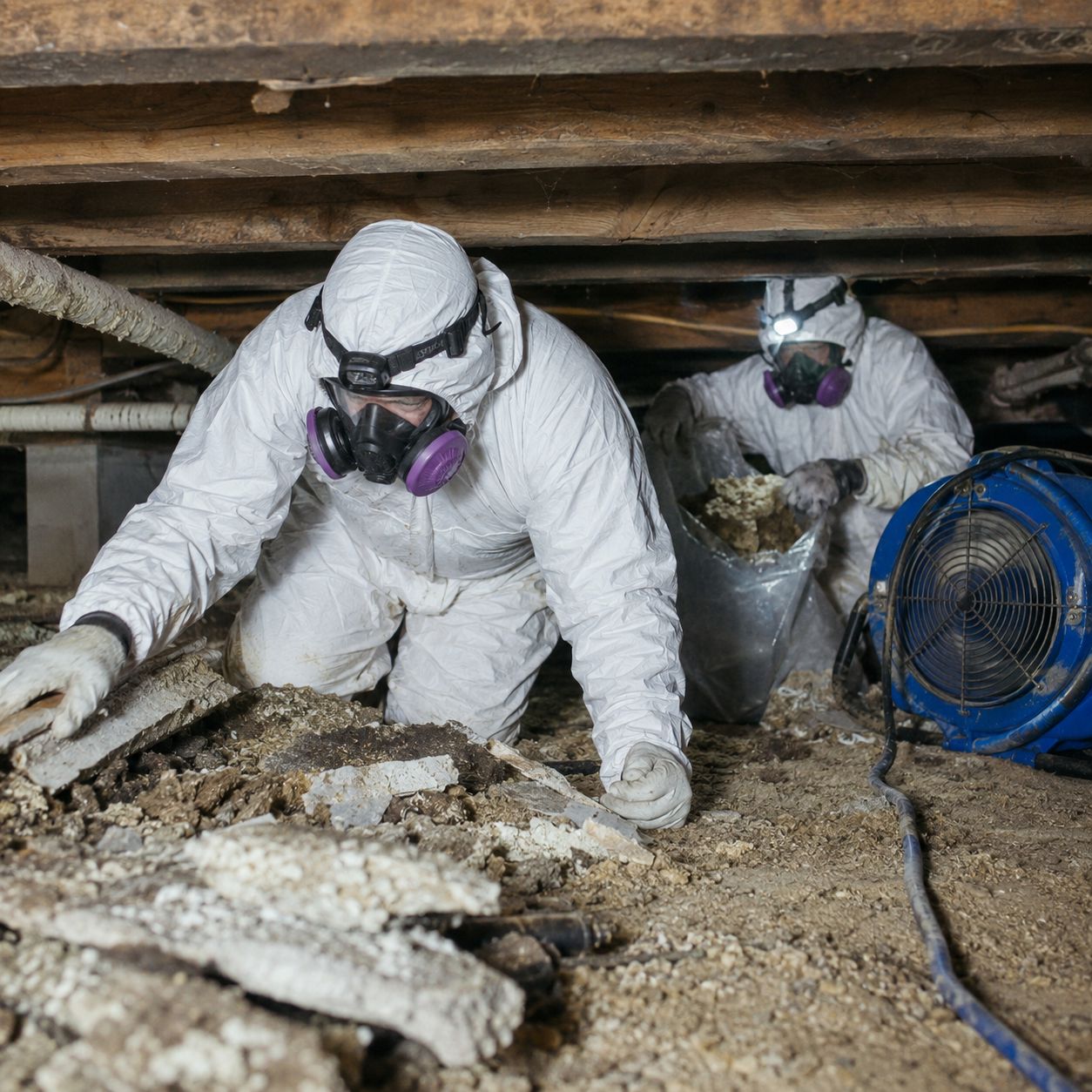 Licensed technicians performing asbestos floor tile removal in full protective gear