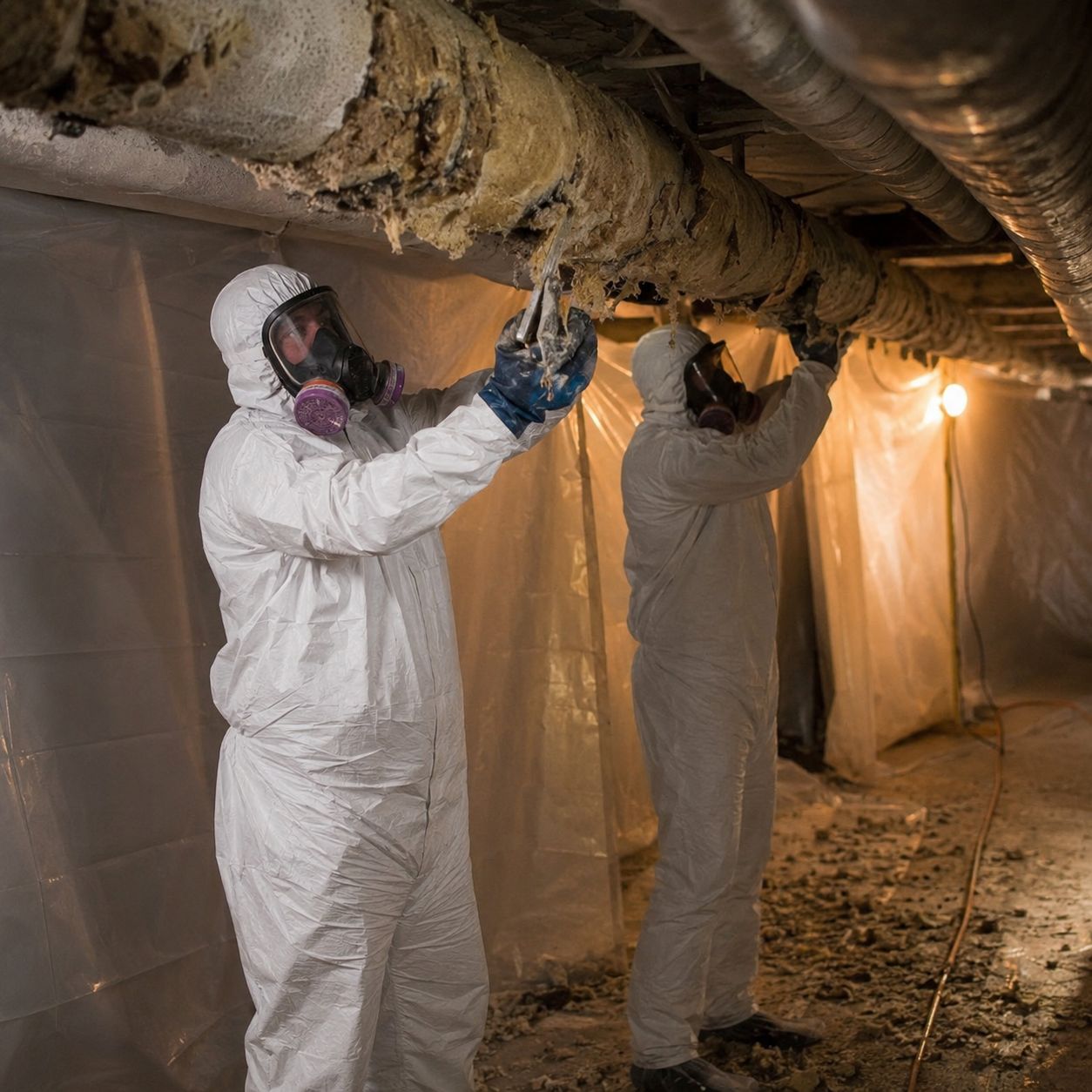 EPA certified specialists removing asbestos pipe insulation from basement crawlspace